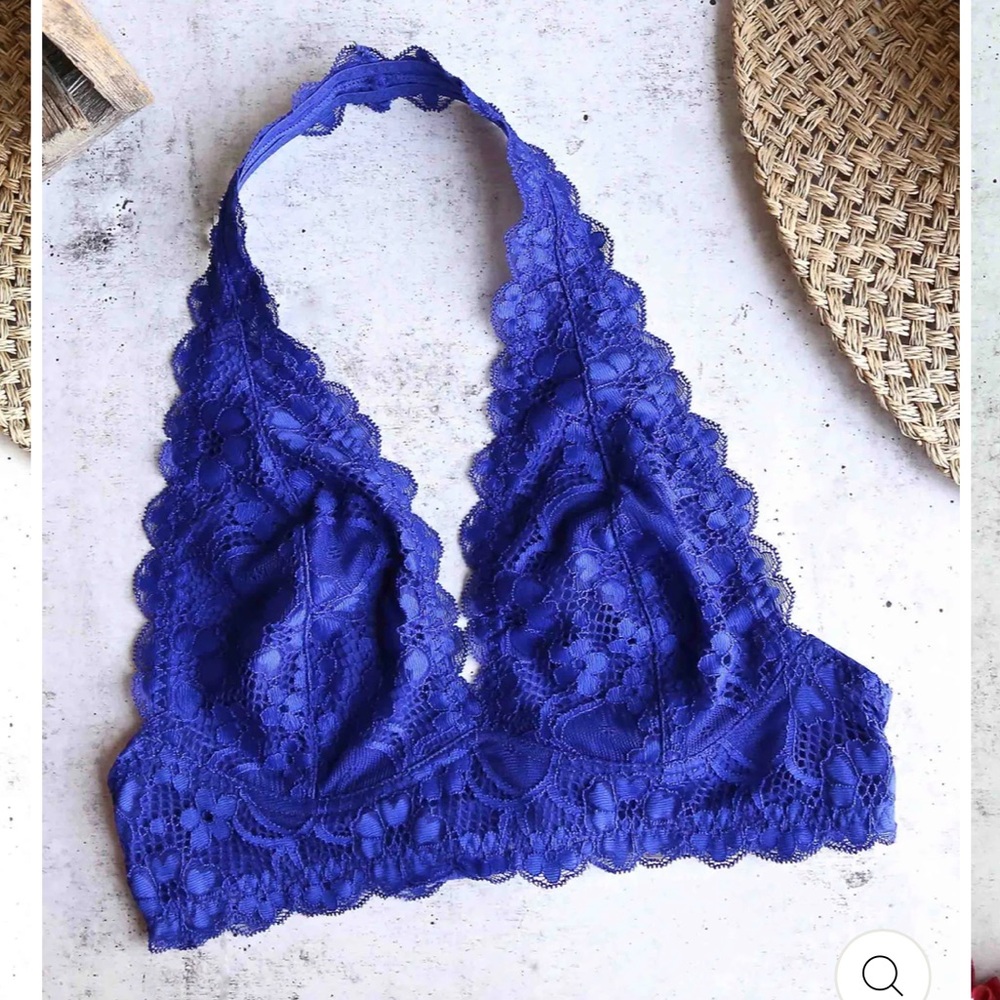 Free People Galloon Lace Halter Bralette Intimately Boho Dark Blue Bra S NWOT